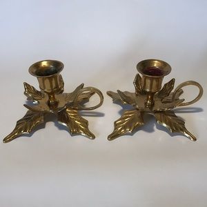 Vintage Hosley International Holly Leaf Christmas Brass Candleholder Set of 2